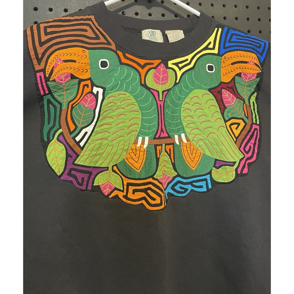 Vintage Hand Stitched Mola Art St. John's Bay Black Sweatshirt XL Tropical Birds